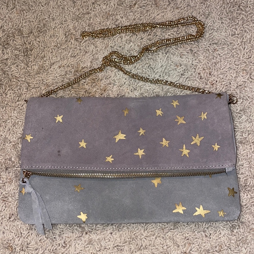 Moda Luxe Gray Suede Clutch With Gold Stars & Chain Strap Crossbody Purse